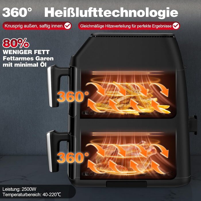 Вертикальна аерофритюрниця TopStrong з двома камерами 11л, 2500W, з вікном перегляду та 6 функціями приготування, чорна