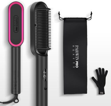 Іонна щітка-випрямляч для волосся PARWIN PRO BEAUTY, з LED-дисплеєм, захистом від опіків, швидким нагріванням за 20 секунд, 4 температурні режими, чорна