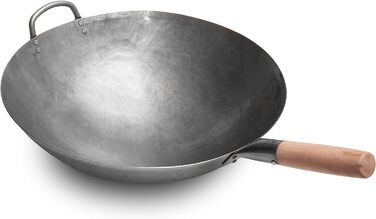 Велика важка ручна сковорода-вок із вуглецевої сталі Craft Wok 40 см з дерев'яною та сталевою ручкою, кругле дно