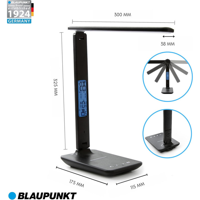 Світлодіодна настільна лампа Blaupunkt з бездротовою зарядкою, USB-портом, димуванням, 5 режимами світла, регульованою конструкцією, годинником, календарем, термометром, чорна, для офісу та читання