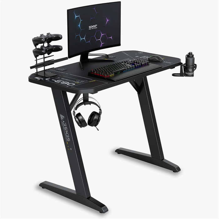 Ігровий стіл SENSE7 Nomad Cybernetic 120x60 см, комп'ютерний стіл з вуглецевим покриттям, ергономічний, з гачком для навушників, підсклянником та тримачем для контролера