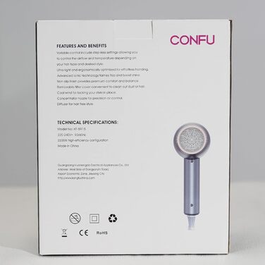 Професійний фен для волосся CONFU 2200W з дифузором, іонізацією, 3 температури, AC мотор, насадки, сірий