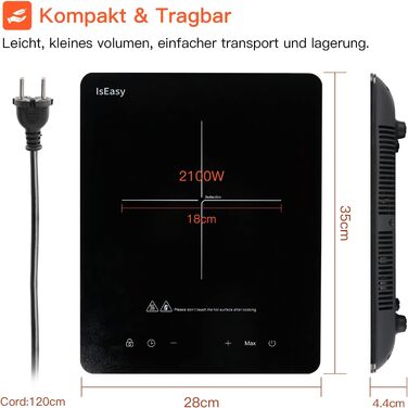 Індукційна плита IsEasy 2100 Вт, 28 см, портативна, 1 конфорка, сенсорне управління, 9 режимів нагріву, таймер 8 годин, функція Boost, чорна