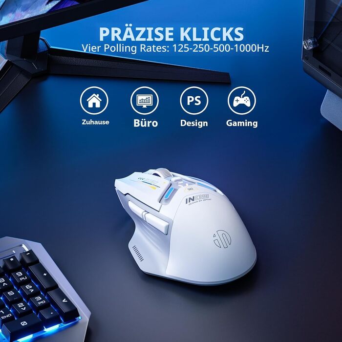 Ігрова миша inphic IN9 бездротова Tri-Mode (2.4G/Bluetooth/Type-C), 10000 DPI, RGB-підсвітка, програмована, акумуляторна, сіро-біла