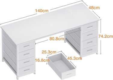 Письмовий стіл Coleshome білий 140x48 см з 8 тканинними шухлядами, комп'ютерний стіл для офісу, дому та робочого кабінету