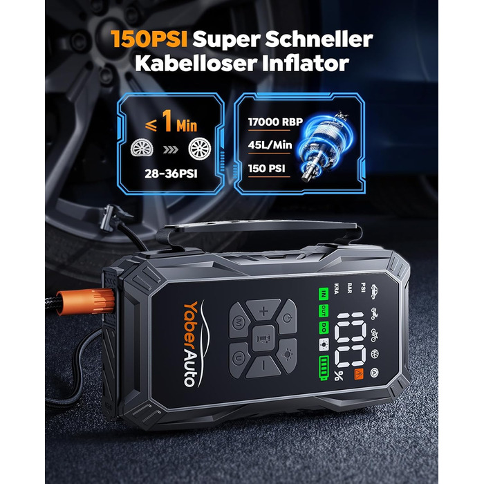 Портативний пусковий пристрій YaberAuto з компресором, 150 PSI, 6000A, 23800mAh, Jump Starter для бензинових та 10.0L дизельних двигунів з LCD-дисплеєм та світлодіодом 500 люмен