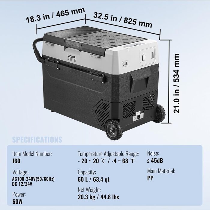 Автохолодильник VEVOR 50л портативний, компресорний, 12В, двозонний (-20°C до +20°C) для авто, кемпінгу, дому