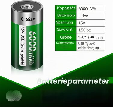 Акумулятори типу C (LR14) 1.5V 6000mWh перезарядні літієві батареї з USB-C портом для швидкої зарядки, 4 шт. (комплект з кабелем)