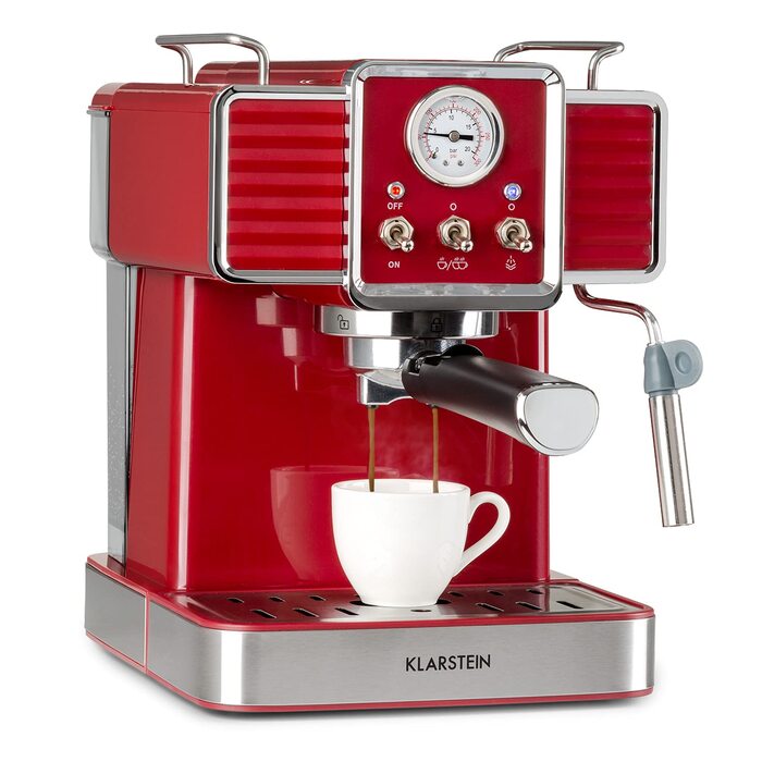 Кавомашина еспресо Klarstein Gusto Classico 1350 Вт, 20 бар, червона. Рожкова кавоварка з нержавіючої сталі, резервуар 1.5 л