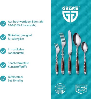 Набір столових приборів GRÄWE Nürnberg для 6 осіб, 30 предметів, з нержавіючої сталі, ковані, важкі, з коричневими ручками, рустикальний стиль