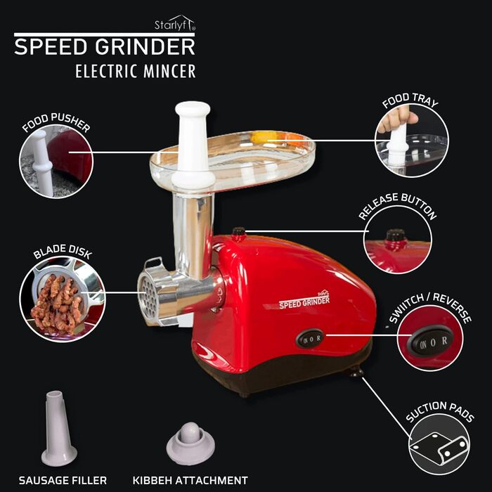 Електрична м’ясорубка STARLYF Speed Grinder для дому, кухонна багатофункціональна машина з насадками для ковбас, кіббе, штовхачем і знімною чашею