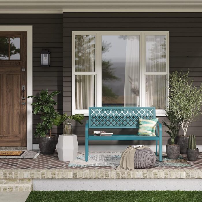 Металева лавка Grand Patio для саду, парку, балкону - 2-3 особи, з підлокітниками, ретро-стиль, блакитна