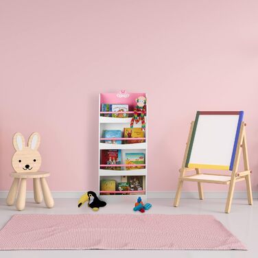 Дитяча книжкова полиця Relaxdays, 124x50,5x15 см, 4 секції, МДФ, біло-рожева, з малюнком лебедя