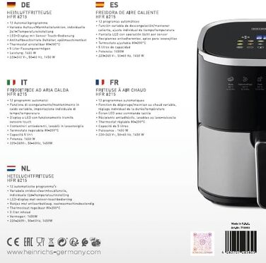 Аерофритюрниця HEINRICHS XXL 9L 10-в-1 з LED-дисплеєм та сенсорним керуванням, потужність 1800W, кошик, що миється в посудомийній машині