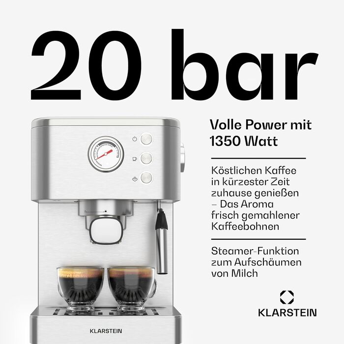 Klarstein SteelPresso Touch – кавомашина еспресо, 1350 Вт, нержавіюча сталь, 1,5 л, сенсорне управління, вбудований капучинатор, компактний дизайн
