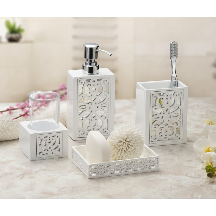 Набір аксесуарів для ванної кімнати Creative Scents – білий та сірий. 4 предмети: дозатор для мила, мильниця, тримач для зубних щіток, чашка.