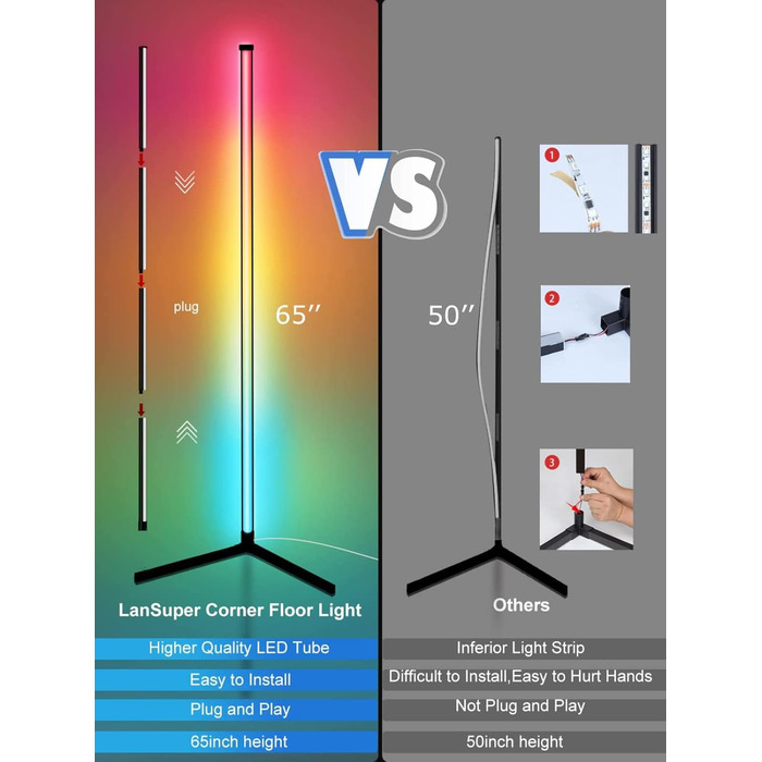 LED торшер DeeprBling для вітальні 165 см, кутова RGB лампа з димуванням, пультом і додатком, 16 млн кольорів, музичний та DIY-режими, таймер, для спальні, ігрової кімнати, офісу, читального залу, трикутна база