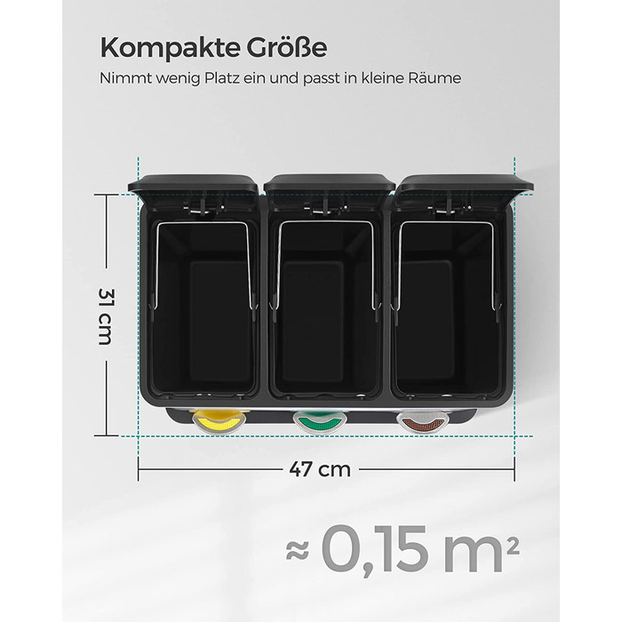Сортувальний смітник SONGMICS для кухні, 3×8 л, сталевий, з педалями і кришками, для маленьких сімей, легке очищення, сріблясто-чорний