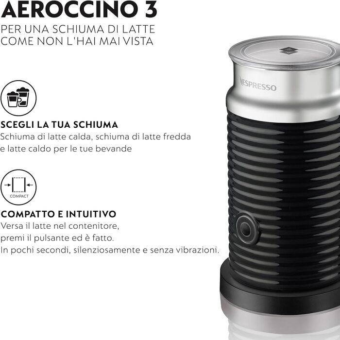 NESPRESSO Aeroccino 3 електричний спінювач молока, 120 мл кремової піни, 240 мл гарячого молока, чорний
