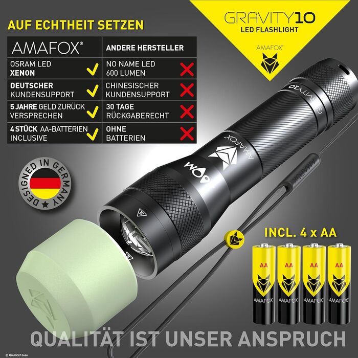 Ліхтарик AMAFOX G10-1000 люмен OSRAM XENON Power-LED, надяскравий, з регулюванням яскравості та зумом, працює на 4x AA батарейках